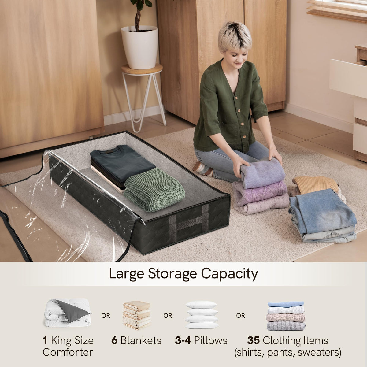 Reli 90L under-bed container side view showing slim under-bed profile