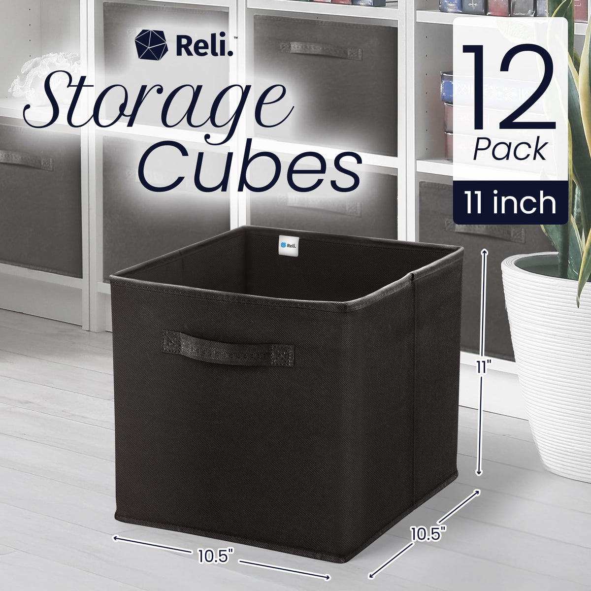 Reli collapsible fabric cubby box on a shelf saves space.