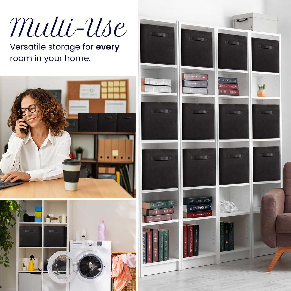 Reli shelf-ready storage cubes blended with decor.