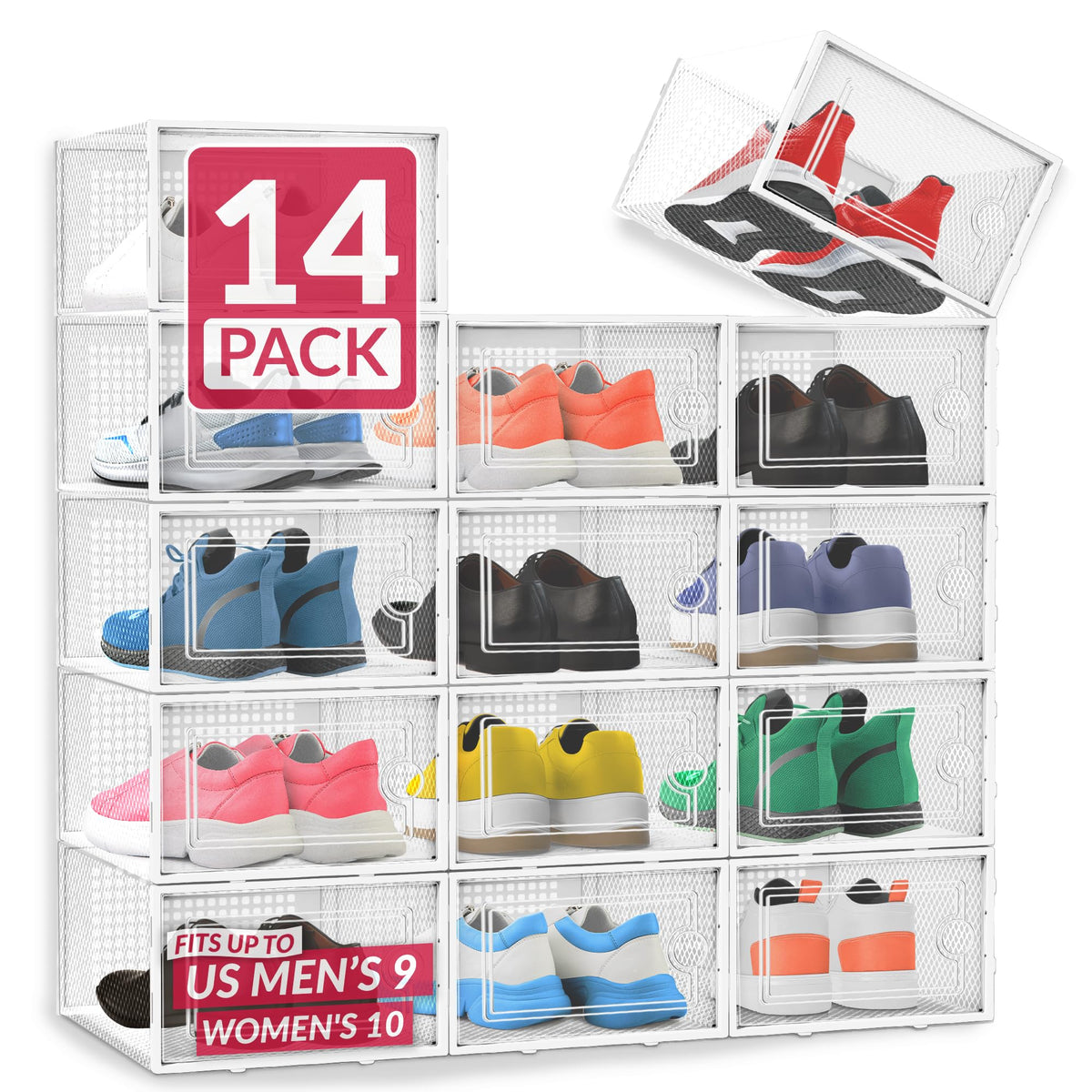Reli 14-pack clear frame shoe boxes keep sneakers organized and easy to locate.