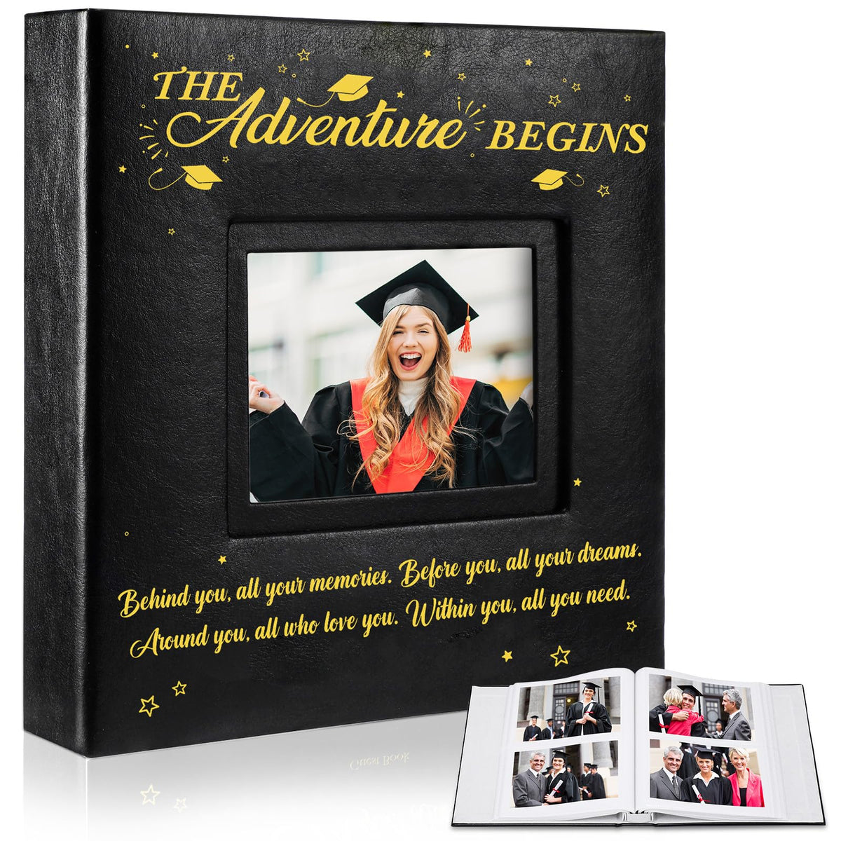 ReliThick Graduation Photo Album front window showcases the 2026 portrait for an elegant keepsake.
