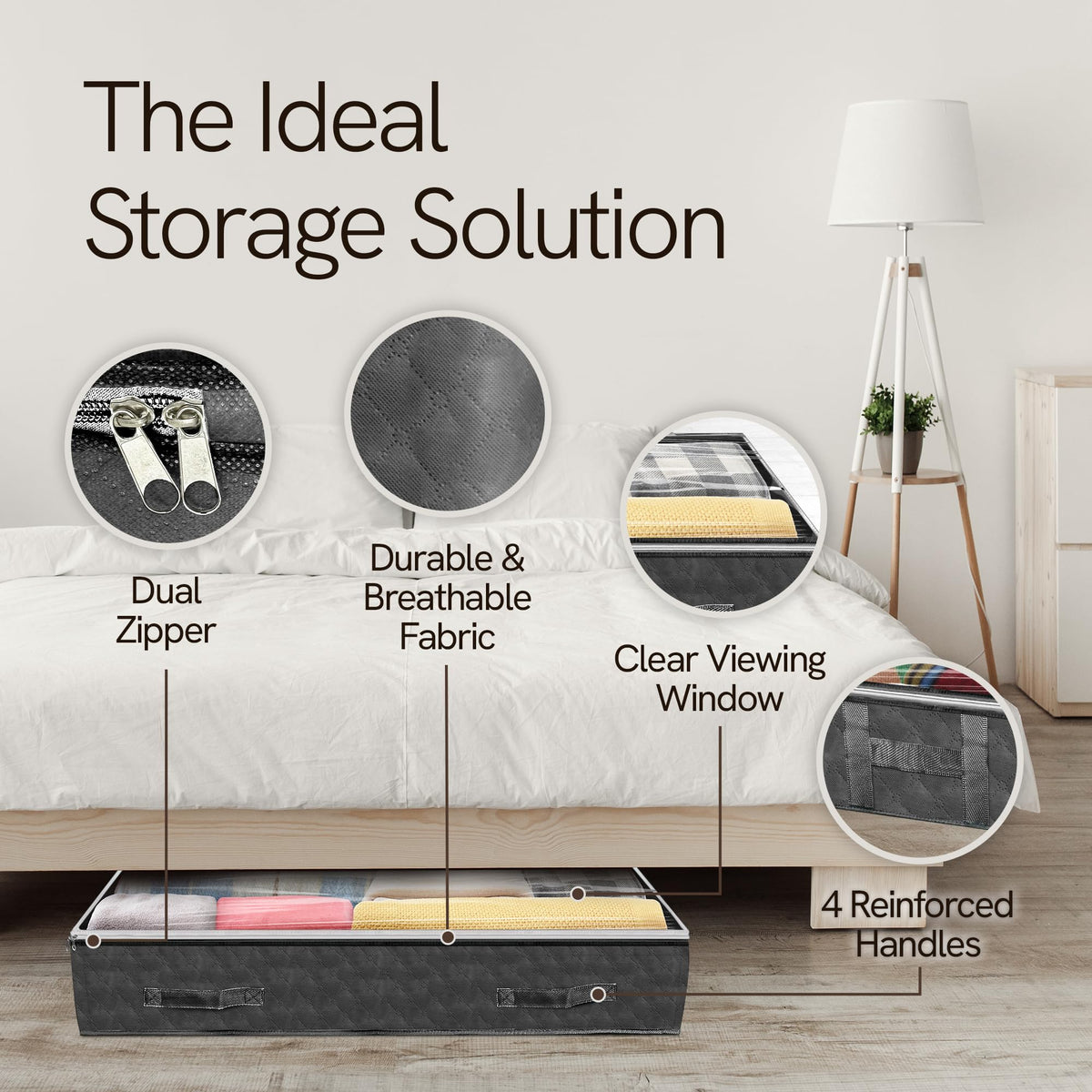 Reli under-bed bin with dual-zip closure in gray for secure storage.