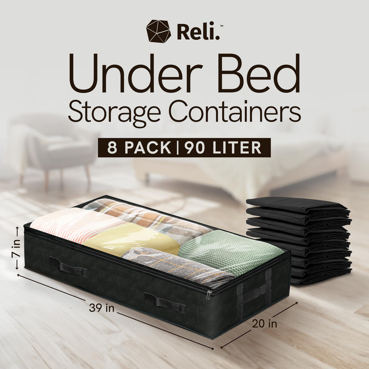 Reli under-bed storage bin with clear top for easy viewing of contents.