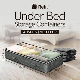Reli under-bed storage bin with clear window for quick content identification.