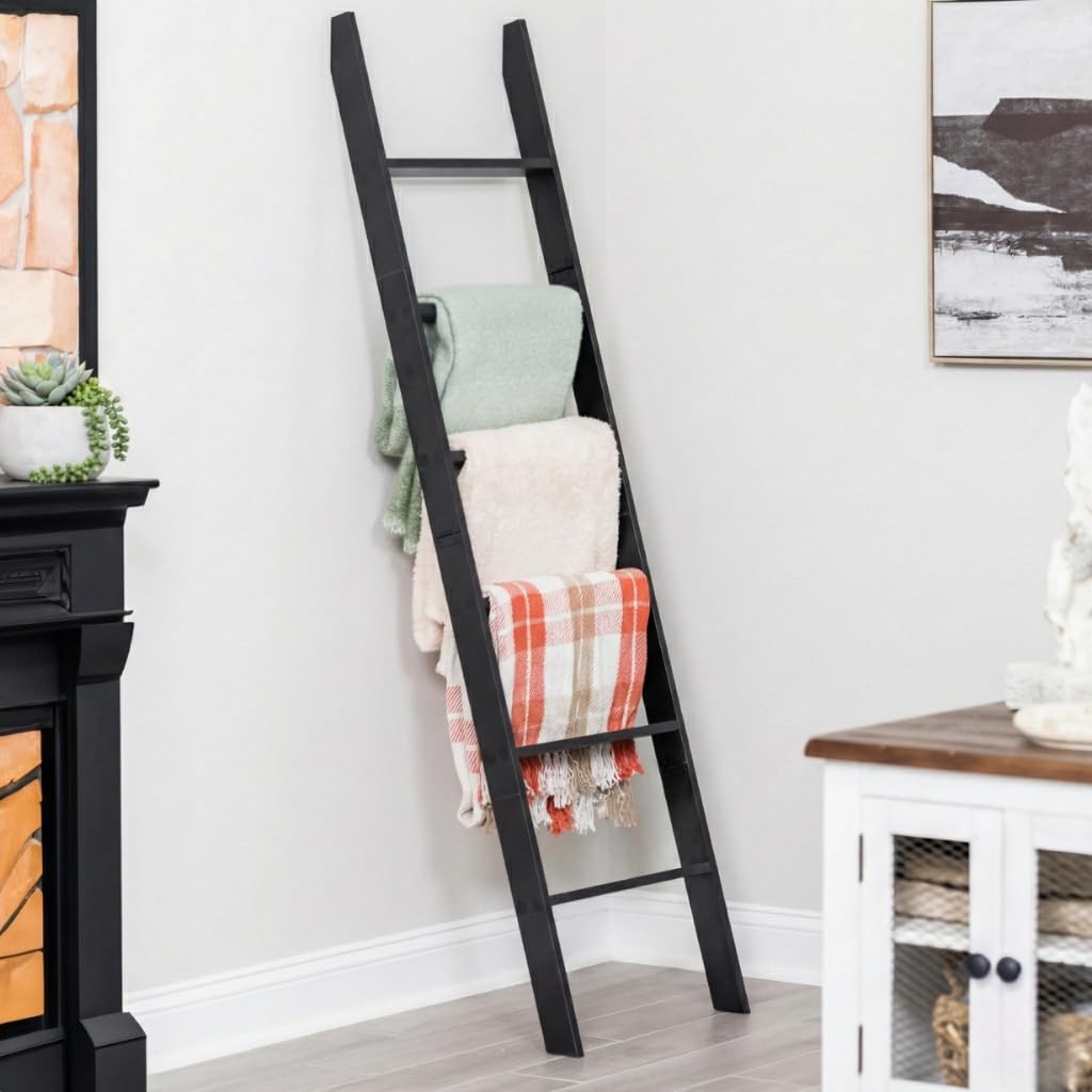 RELODECOR blanket ladder in black wall-leaning display for blankets and quilts