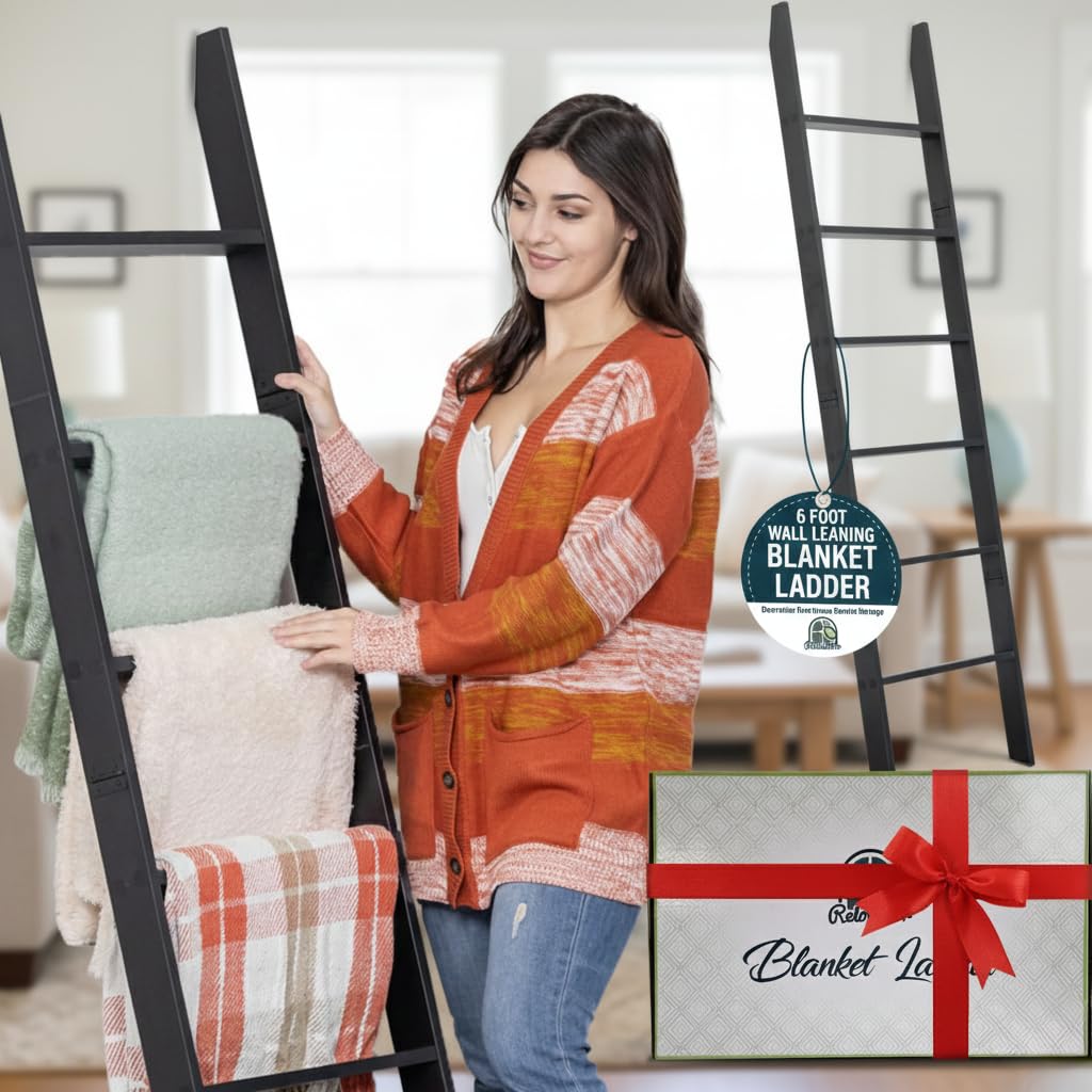 RELODECOR 5ft 8in blanket ladder showcases quilts with rustic farmhouse flair