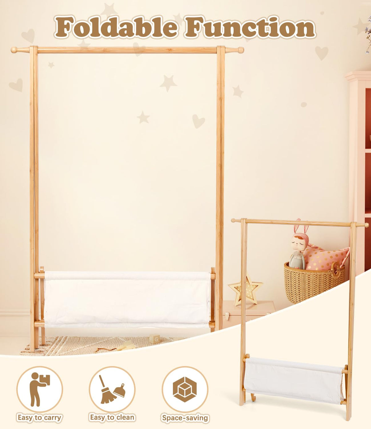 Relquorax Kids Clothing Rack durable bamboo finish blends with any room.