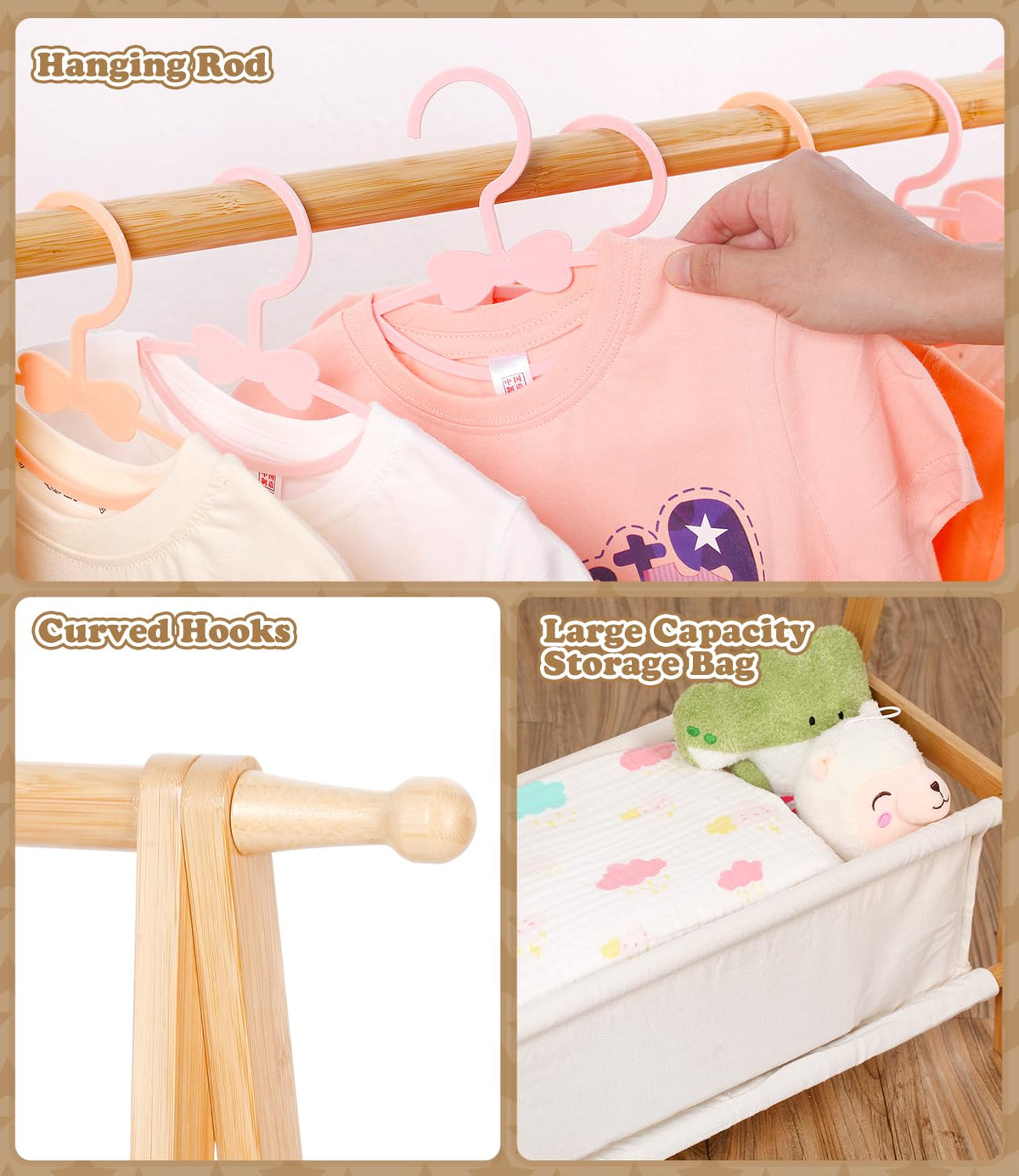 Relquorax Kids Clothing Rack with hanging rod and hooks for organized outfits.