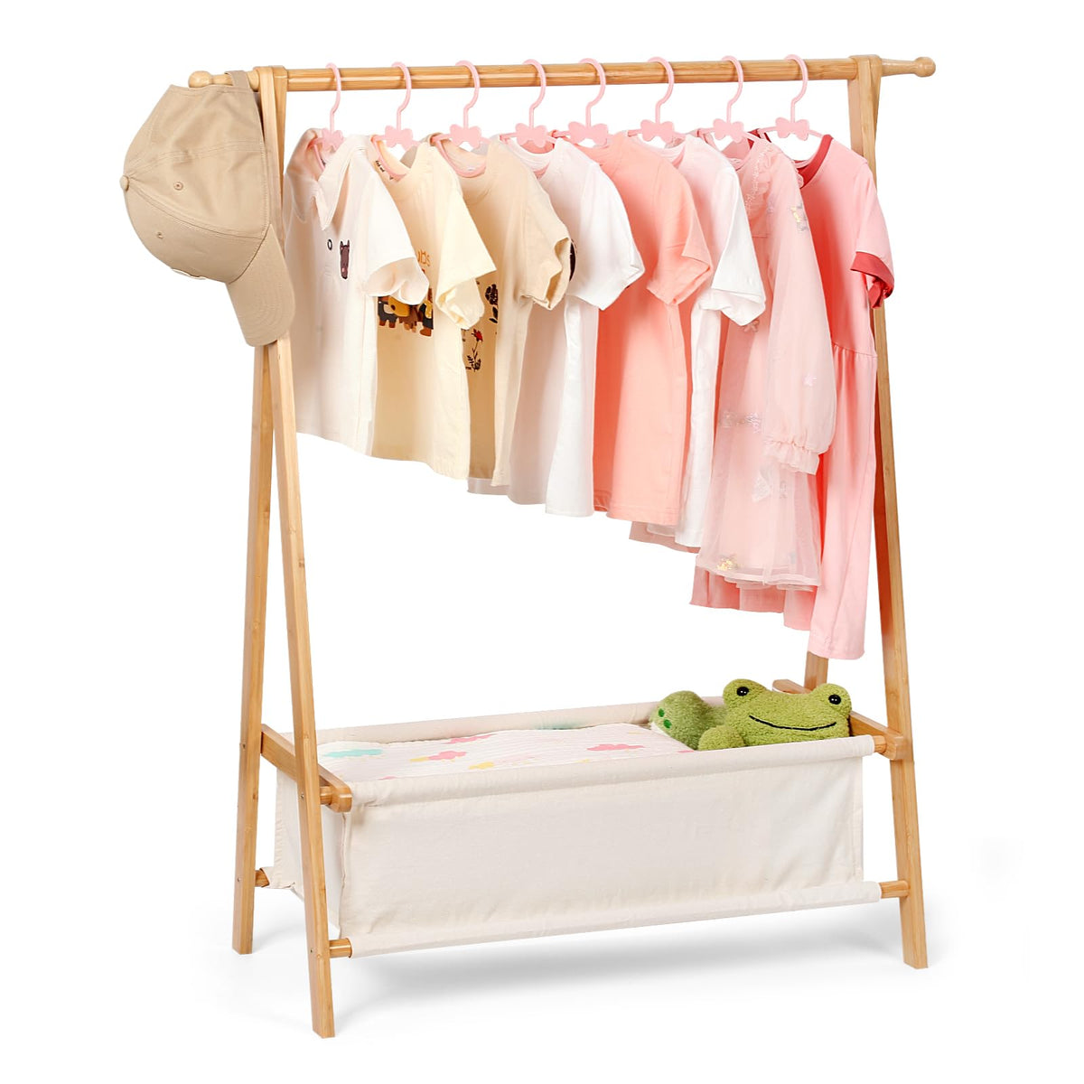 Relquorax Kids Clothing Rack in natural bamboo, front view shows sturdy, kid-friendly design.