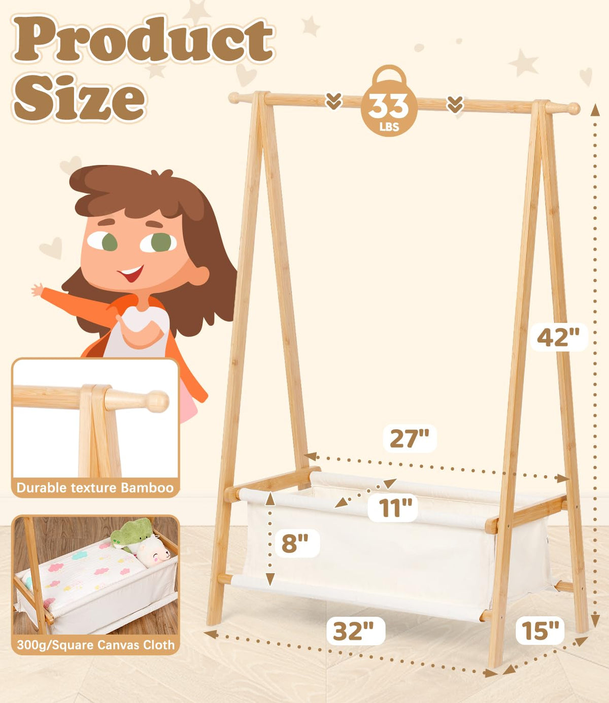 Relquorax Kids Clothing Rack side view highlights compact profile for small rooms.