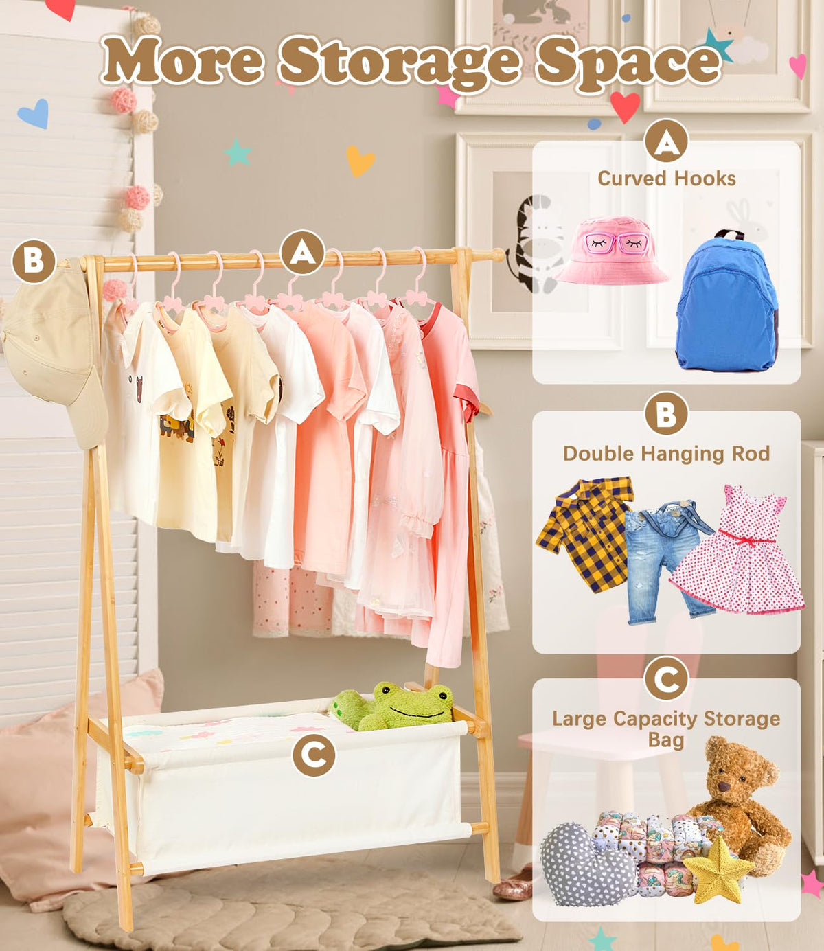 Relquorax Kids Clothing Rack with open storage bag holds costumes and toys.