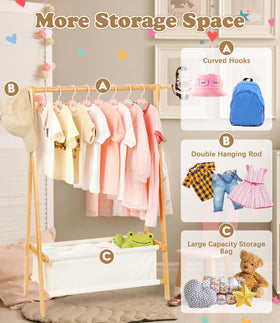 Relquorax Kids Clothing Rack with open storage bag holds costumes and toys.