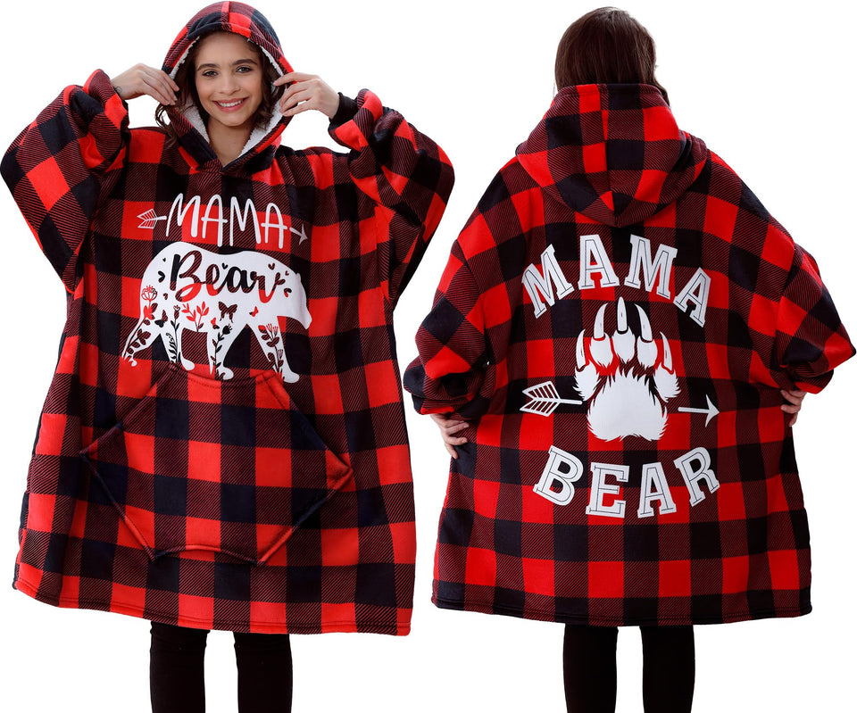 Remifa mom bear print wearable blanket hoodie, front view, a cozy gift idea.