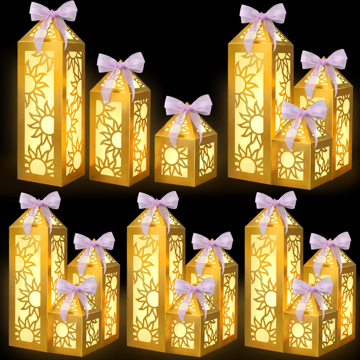 Renbuzhu gold sun lanterns arranged as a princess party centerpiece for a glow.