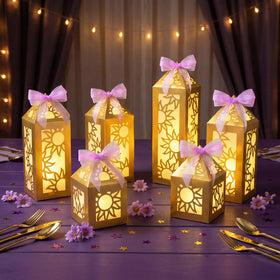 Renbuzhu sun lanterns over a princess-themed dessert table with warm light.