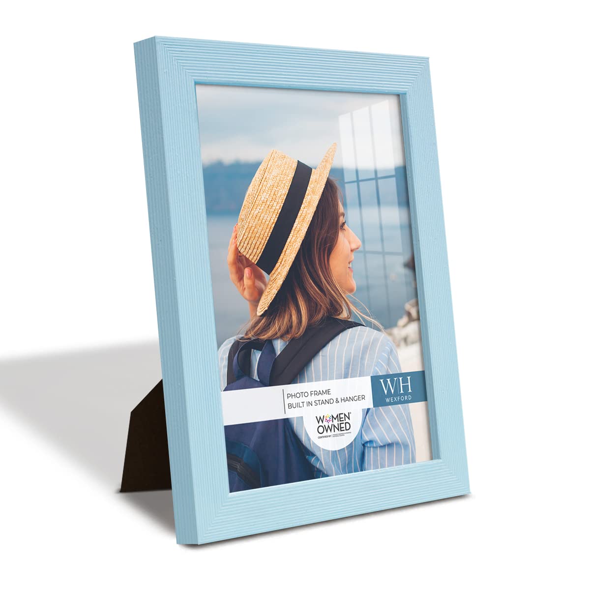 Renditions Gallery blue frame close-up highlights rich wood pattern for elegant display.