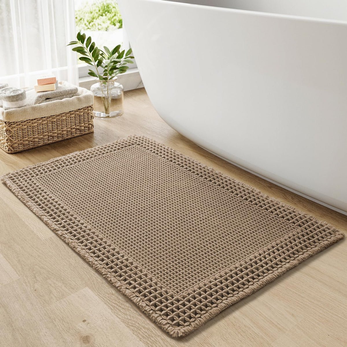 RESARE Waffle Bath Mat front view shows plush texture and warm brown color for cozy baths.