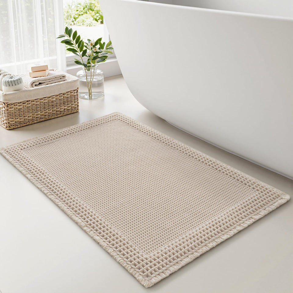 RESARE waffle bath mat tassels highlight textured design for stylish decor and quick drying.
