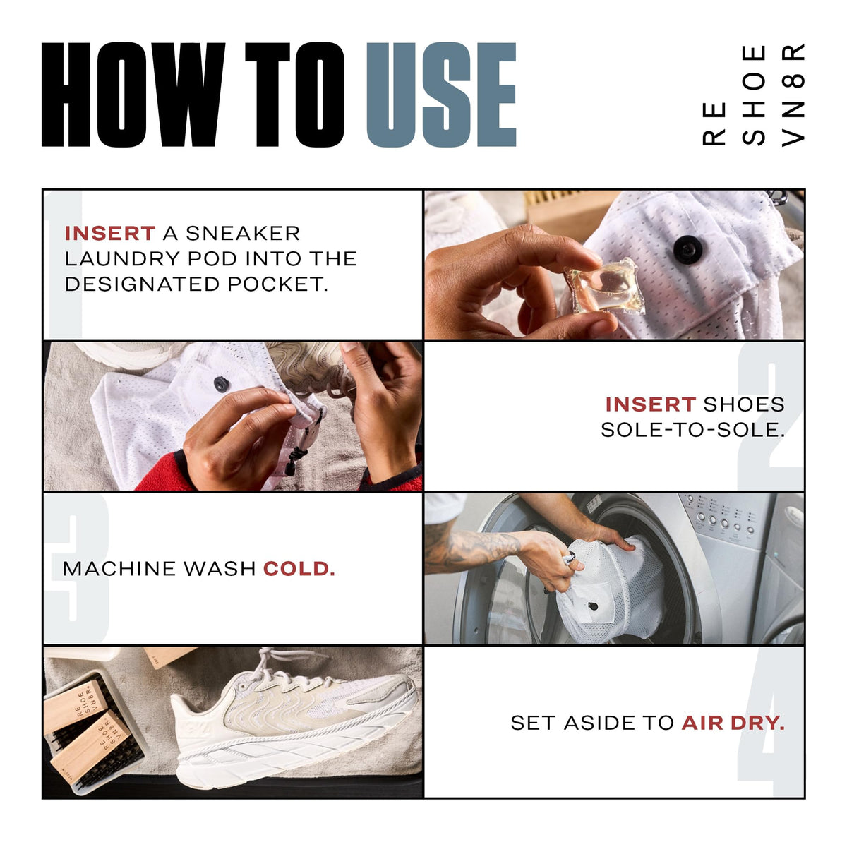 RESHOEVN8R bag inside washing machine with two shoes for safe cleaning.