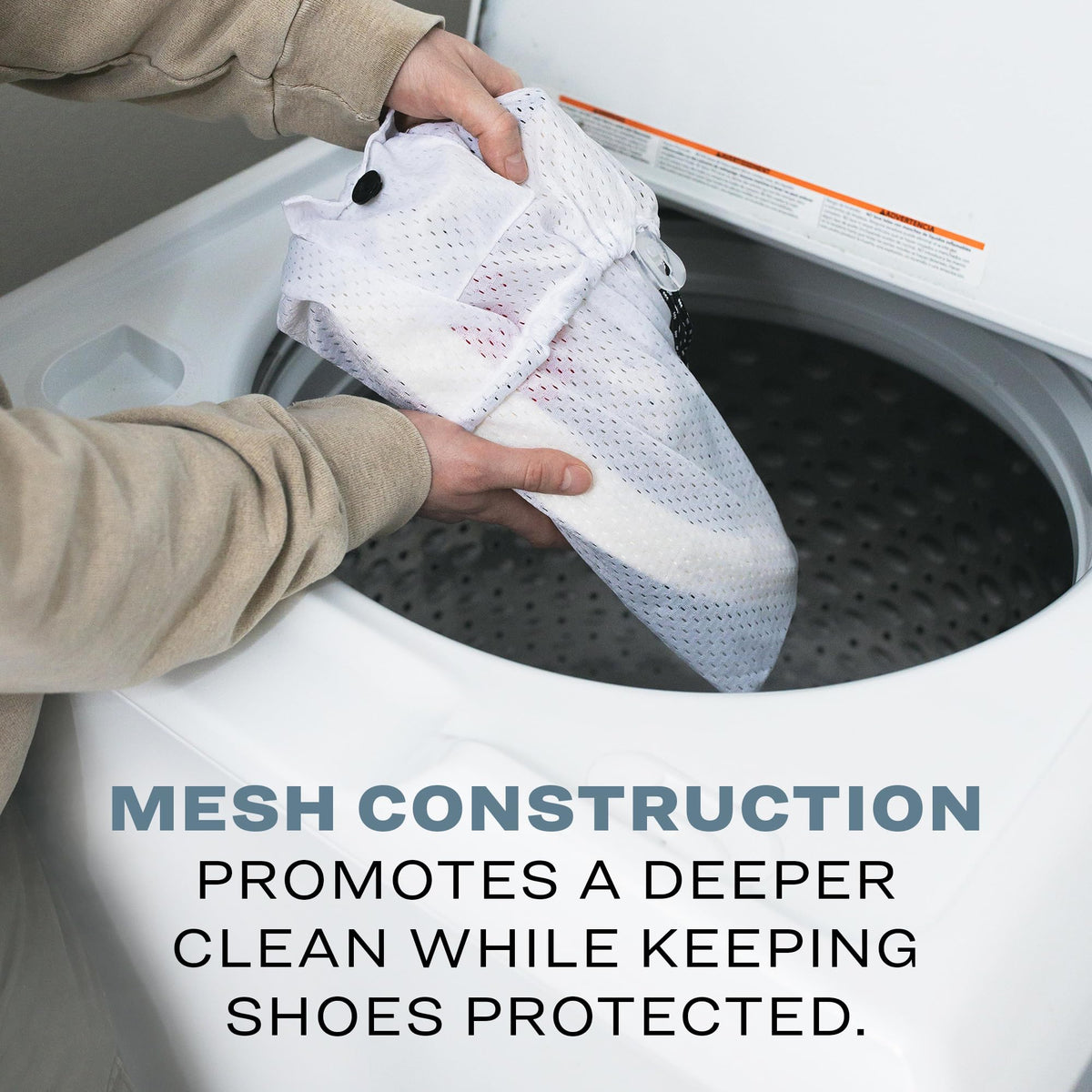 Close-up of mesh fabric protects sneakers during machine wash.