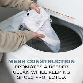 Close-up of mesh fabric protects sneakers during machine wash.
