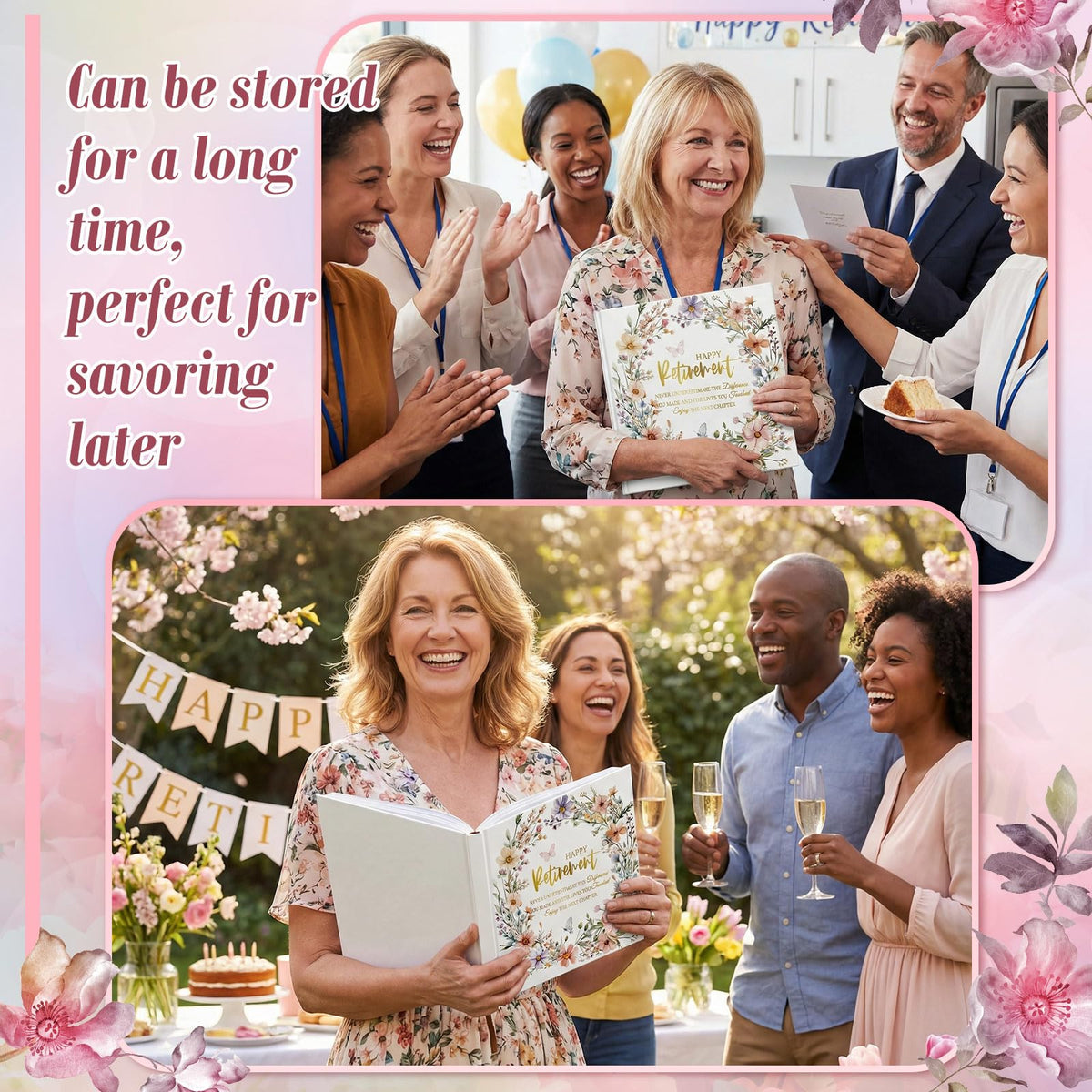 Resholder retirement book 8.7-inch square hardcover for easy display.