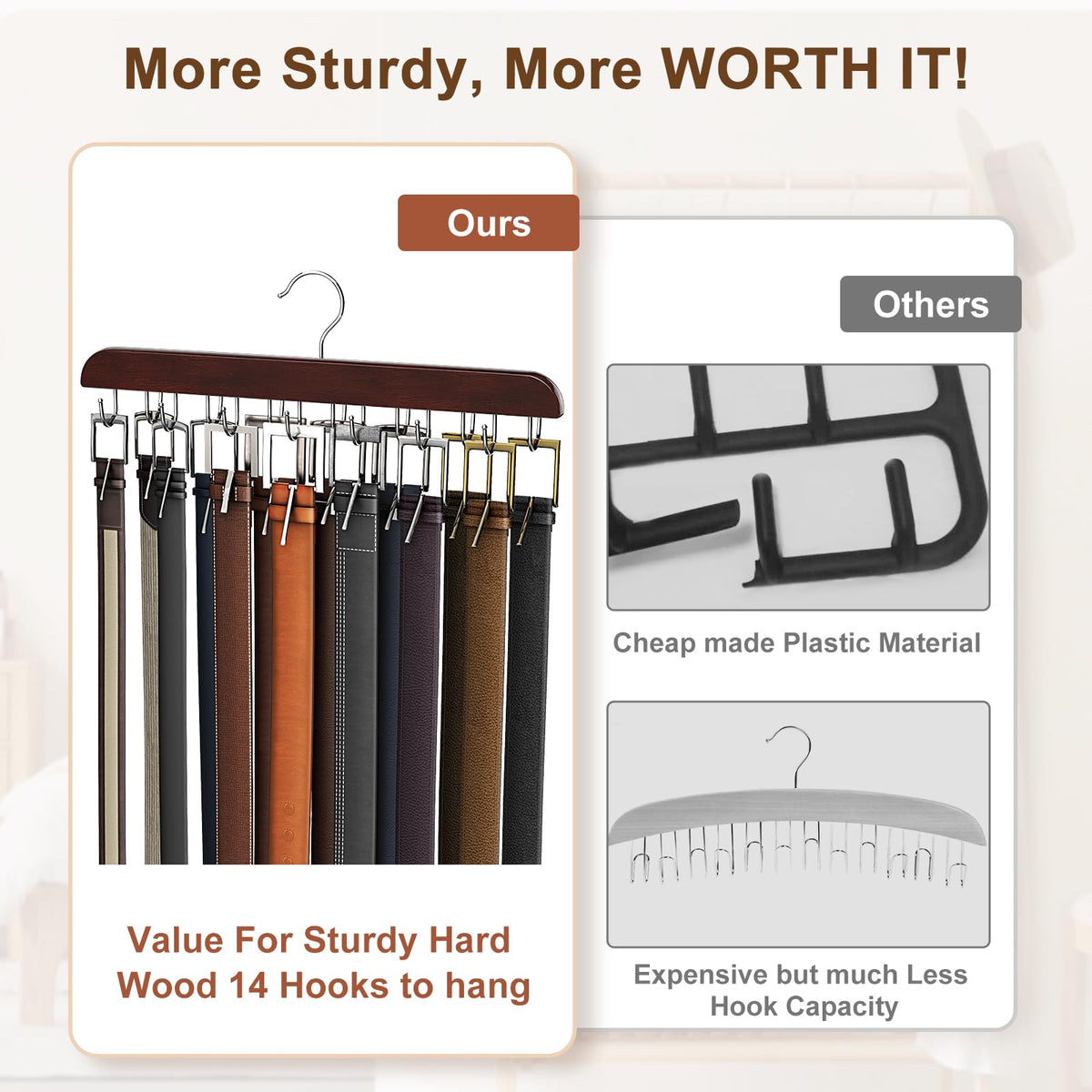 Resovo mahogany wood belt rack showing premium finish and durability.