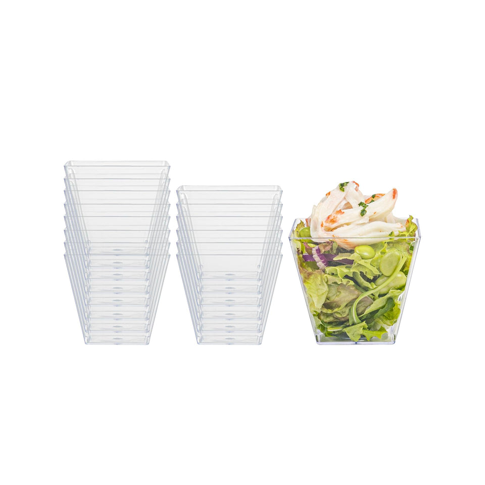 Restaurantware 4 oz Mini Kova Cups showcase a square clear design for elegant desserts.
