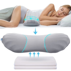 RESTCLOUD lumbar pillow on bed side view for improved spine alignment during sleep.
