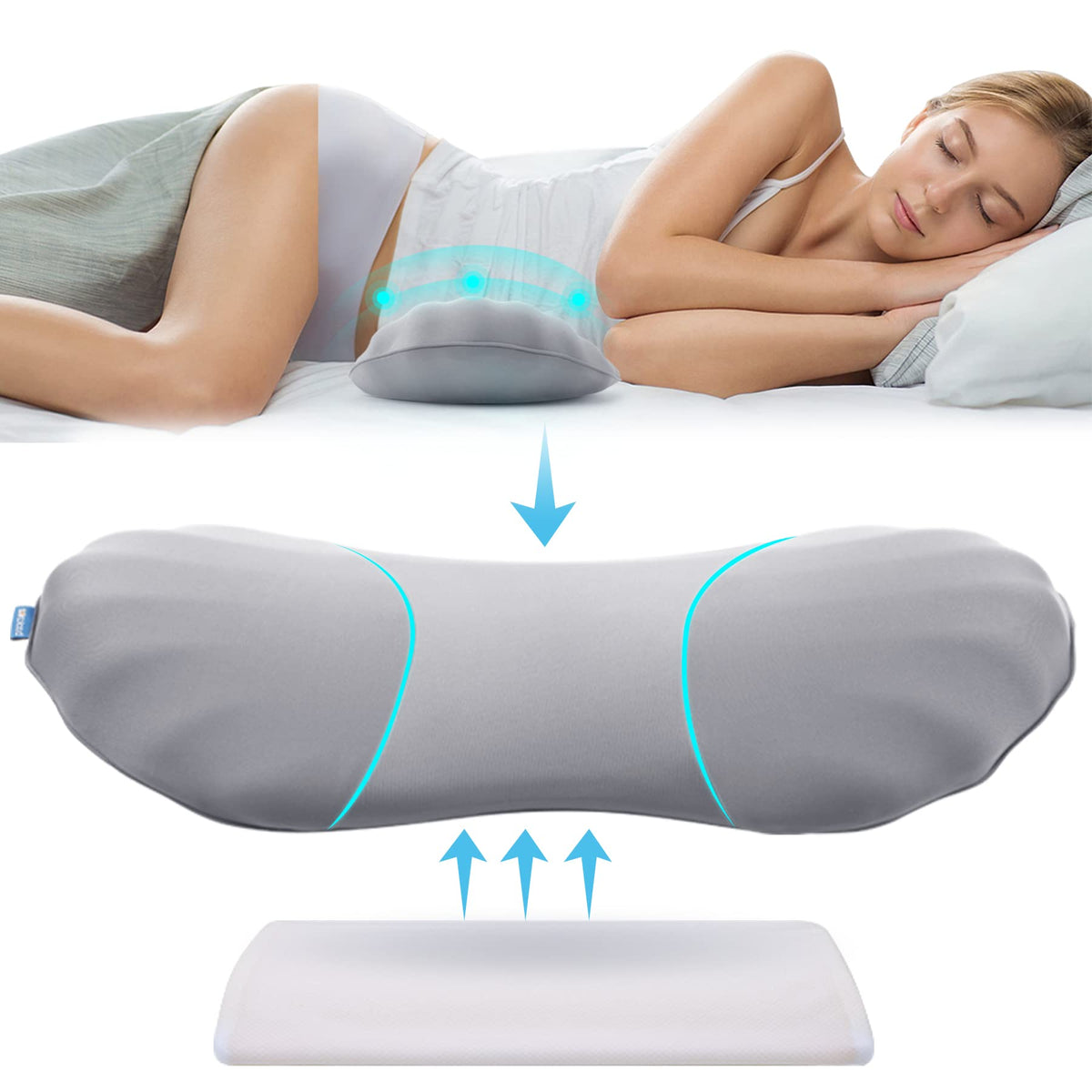 RESTCLOUD lumbar support pillow in bed-side position for comfortable sleep.