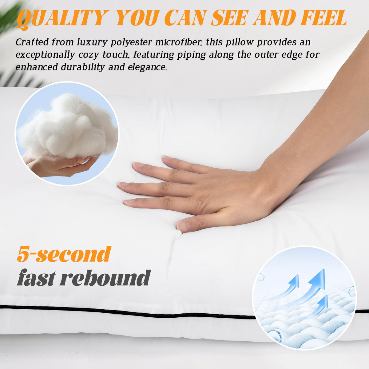 RESTOVIA microfiber fill closeup highlights down-alternative fluff and breathability.