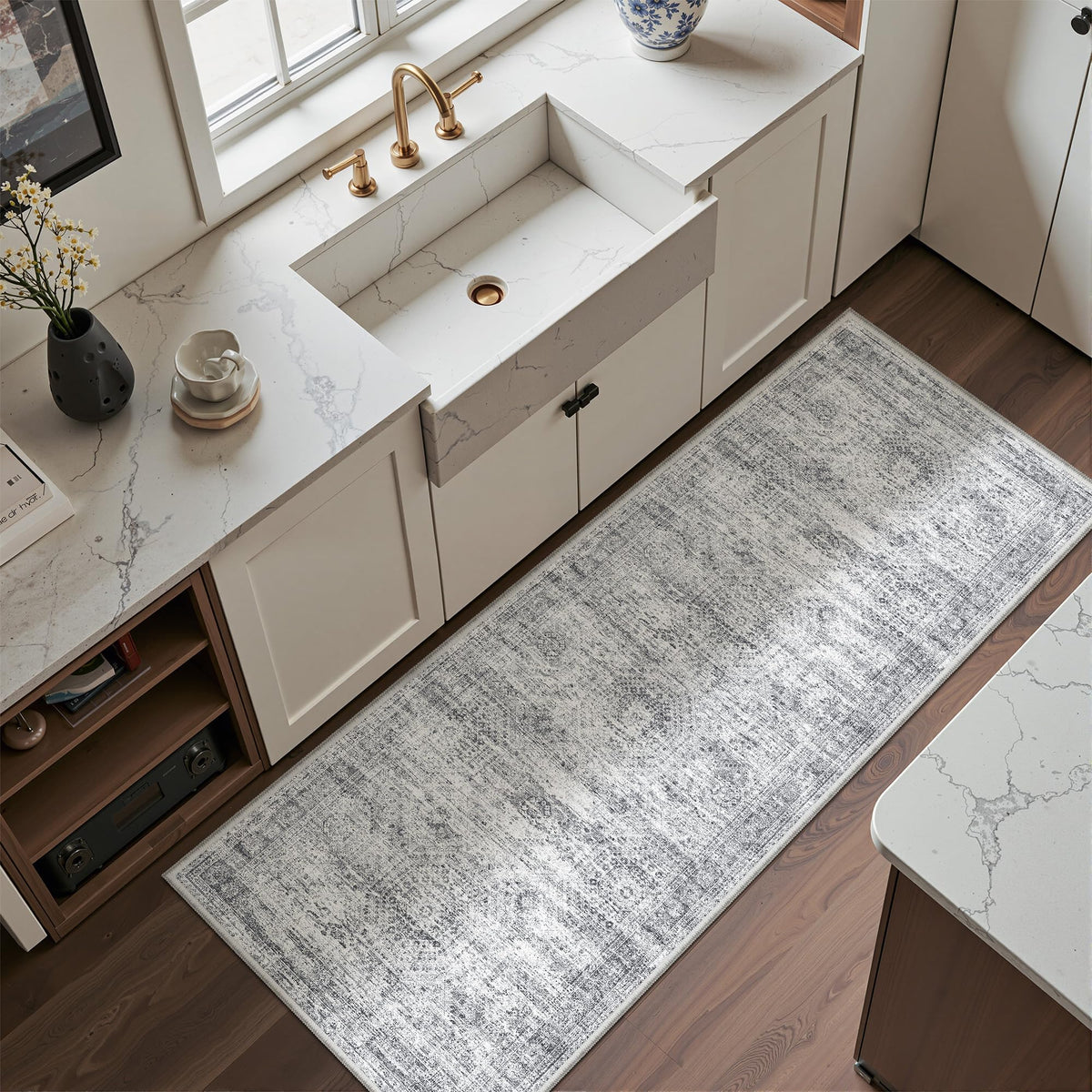 Restydon 2x5 entryway rug runner with abstract pattern and non-slip backing.