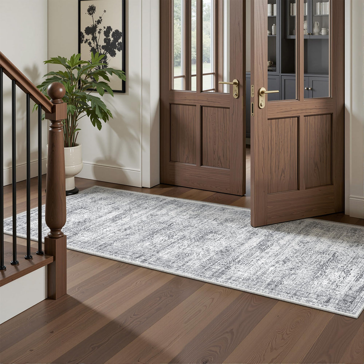 Restydon rug runner with non-slip backing stays in place on floors.