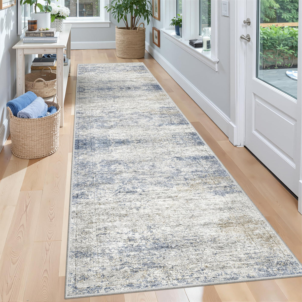 Restydon rug runner in blue hallway pattern adds stylish texture and non-slip safety