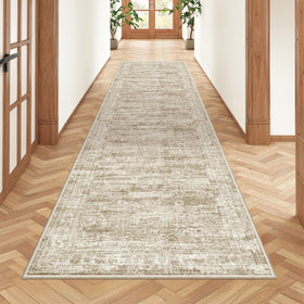 Restydon rug runner in brown and ivory for hallway with subtle pattern enhances entryways.