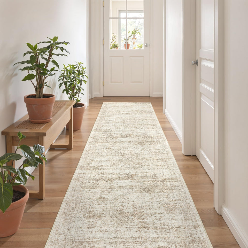 Restydon rug runner in beige and ivory with non-slip grip for busy hallways