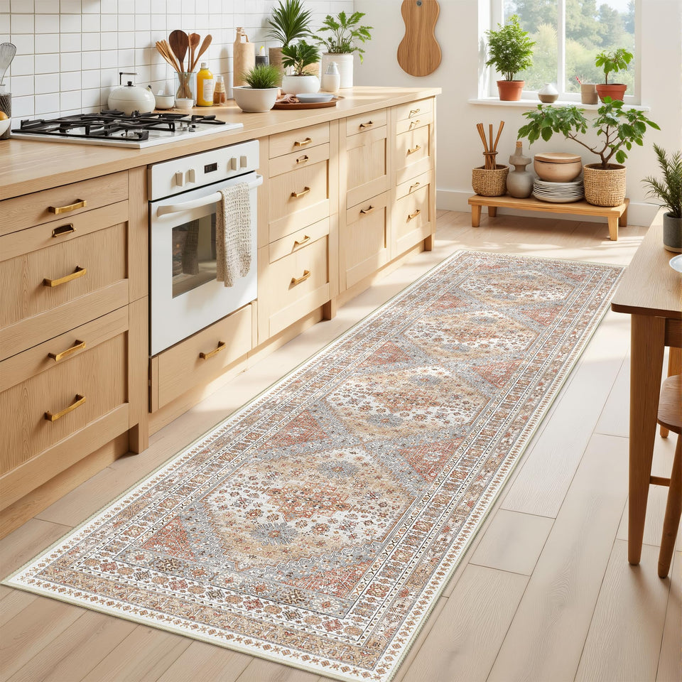 Restydon Runner Rug 2x8 orange, front view, cozy low-pile comfort for hallways and entryways