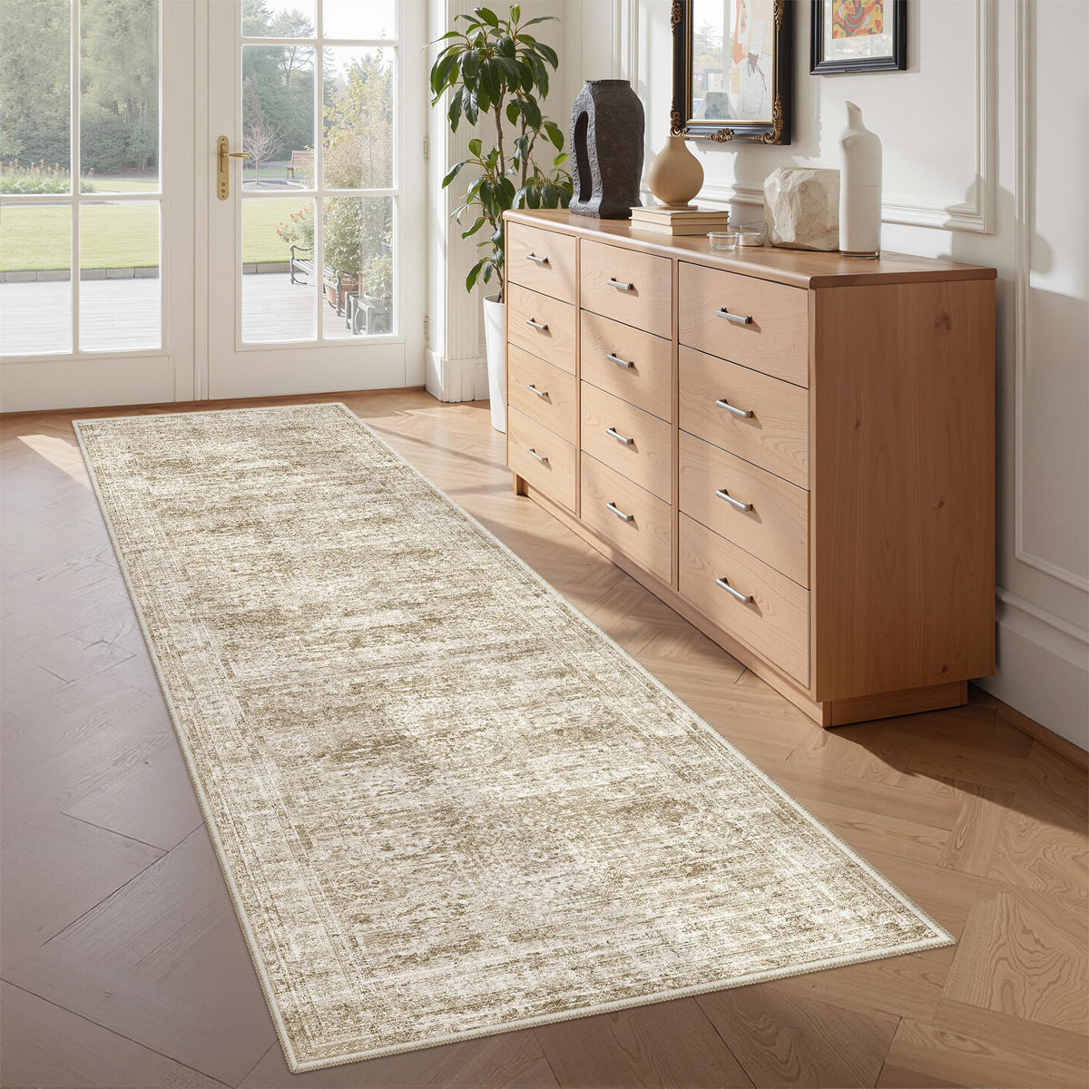 Restydon washable runner rug brown-ivory close-up showing soft, cozy fabric.