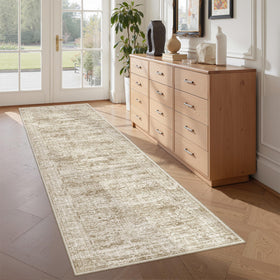 Restydon washable runner rug brown-ivory close-up showing soft, cozy fabric.