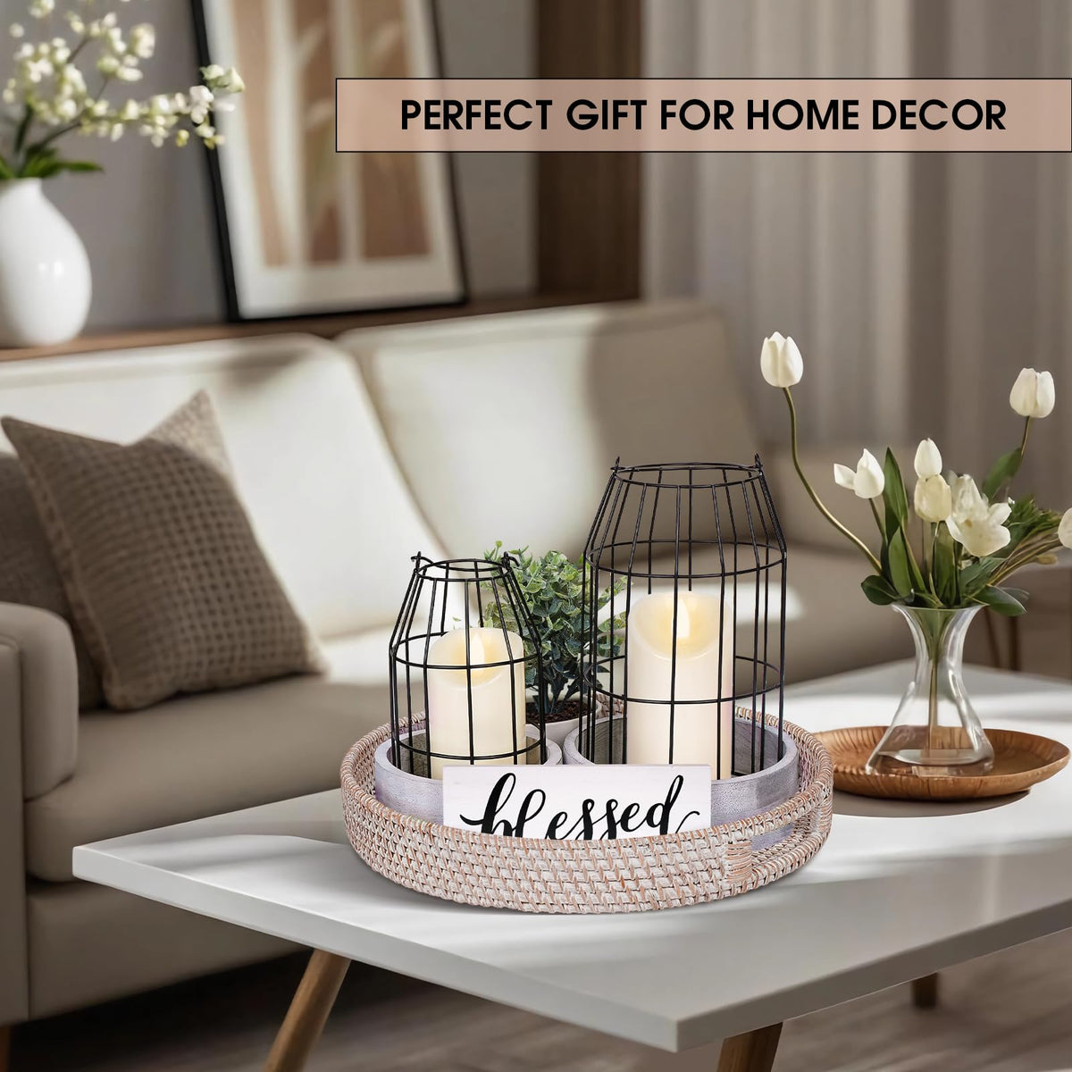 Retroramon round rattan tray anchors decor with natural texture