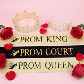 Retrowavy prom queen sash with pin in black and gold for events