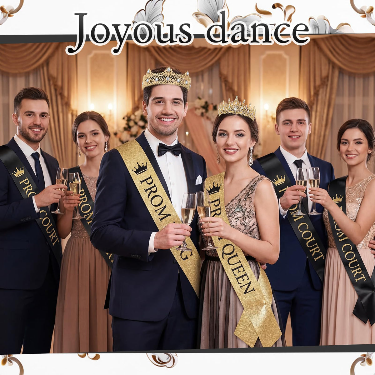 Retrowavy satin prom sash in black and gold with elegant drape