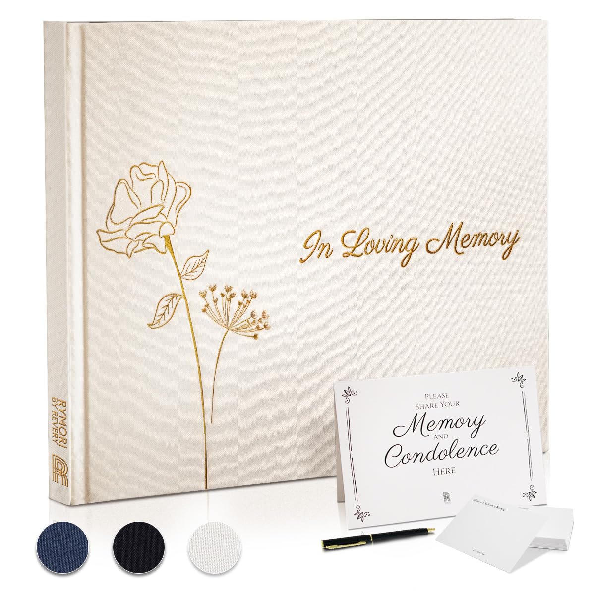 Revery funeral guest book with white linen cover, a serene keepsake for memorial services.
