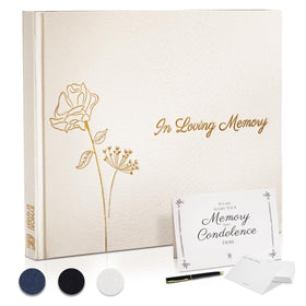 Revery funeral guest book with white linen cover, a serene keepsake for memorial services.