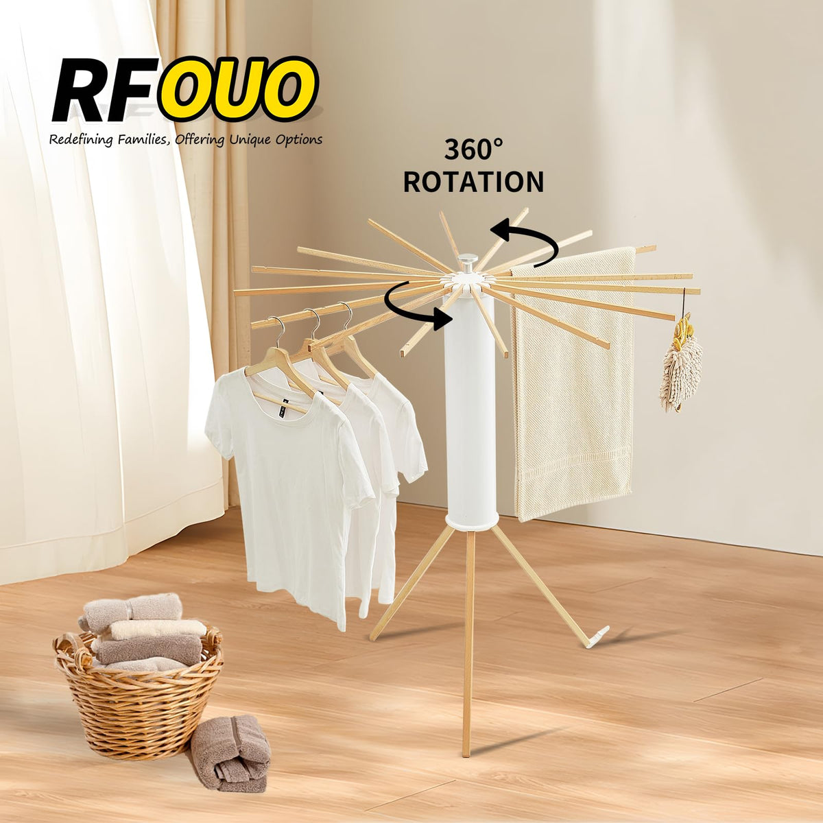 RFOUO clothes drying rack outdoors on patio for fresh air drying.