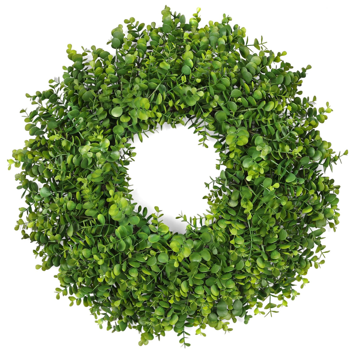 RHTRJ 26-inch eucalyptus boxwood wreath on front door enhances spring curb appeal