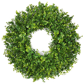 RHTRJ 26-inch eucalyptus boxwood wreath on front door enhances spring curb appeal