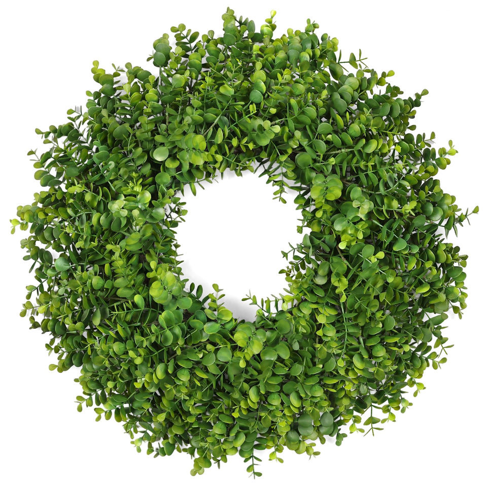 RHTRJ 26-inch eucalyptus boxwood wreath on front door enhances spring curb appeal