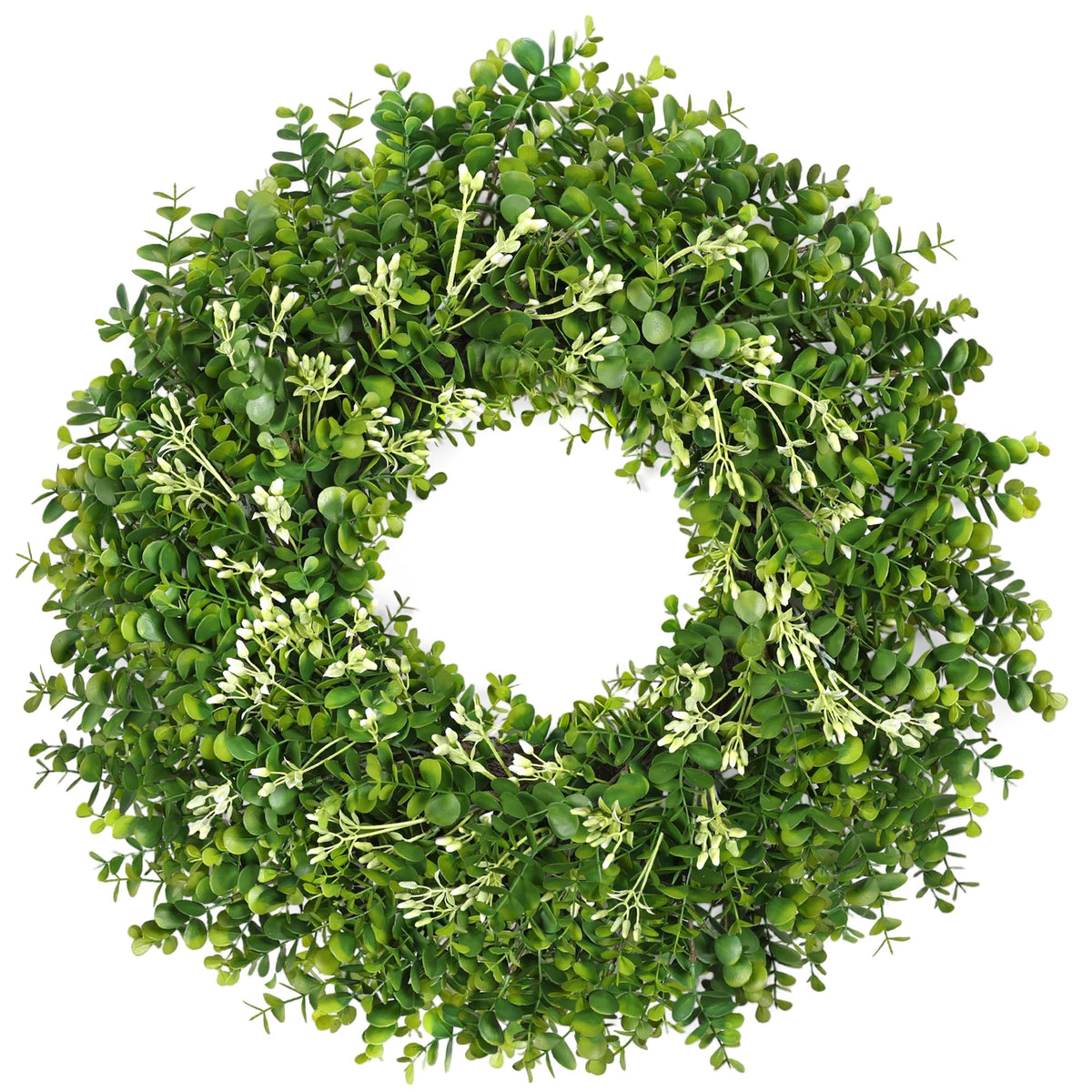 RHTRJ 26-inch greenery eucalyptus boxwood wreath on front door for seasonal curb appeal.