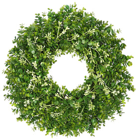 RHTRJ 26-inch greenery eucalyptus boxwood wreath on front door for seasonal curb appeal.